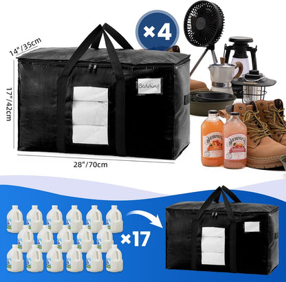 TAILI Extra Large Moving Bags, 4 Pack Blue Heavy Duty Totes For Storage with Visible Window, Wrap Around Handles, Storage Bags for Space Saving, Alternative to Moving Boxes