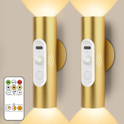Battery Operated Wall Sconce Set of 2, Magnetic Stick on Wall Lights Rechargeable Motion Sensor Night Lights Indoor with Remote Control, Wireless Up and Down Wall Sconces, 3 Modes Dimmable, Aluminum