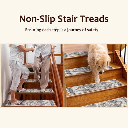 OJIA Stair Treads Non Slip for Wooden Steps Indoor 15PCS Carpet Stair Treads, Rubber Backing Stair Carpet Treads, Residue Free 8"x30" Staircase Step Treads Edging Stair Rugs for Kids & Pets, Gray