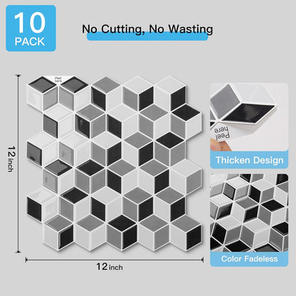 Art3d 10-Sheet Peel and Stick Backsplash Tiles, 12x12 Inch Self-Adhesive 3D Wall Tiles for Kitchen, Bathroom, Countertop - Thickened Waterproof Design (Graphite Gray)