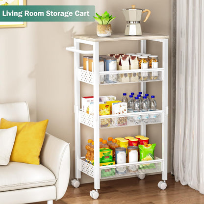 Vivihomety Utility Slim Storage Cart with Wheels, 4 Tier Small Rolling Cart with Wood Top, Metal Kitchen Bathroom Laundry Room Organization Trolley with Handle for Narrow Space – Black