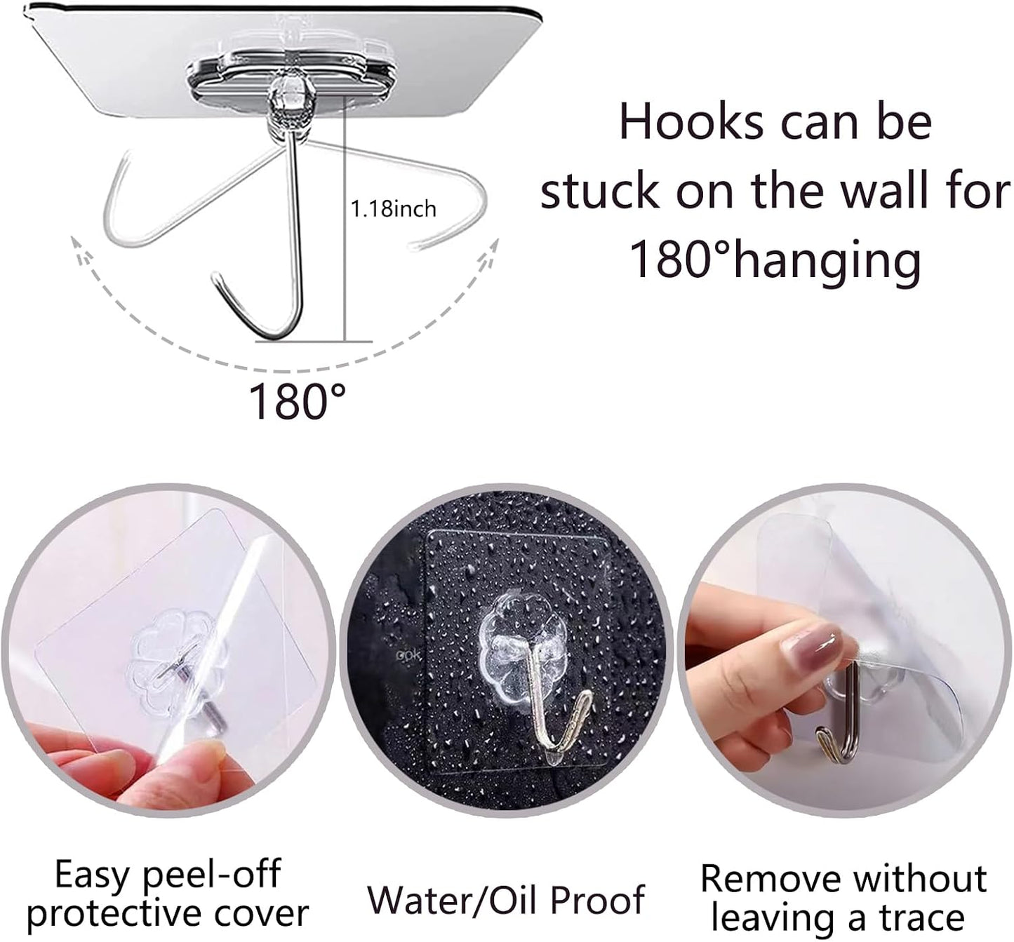 30 Pack Self Adhesive Hooks Heavy Duty - 33lb Max, Adhesive Waterproof Sticky Wall Hooks for Bathroom, Kitchen, Closet, Shower, Wall, Door, Keys No Drilling (Transparent)