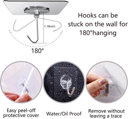 30 Pack Self Adhesive Hooks Heavy Duty - 33lb Max, Adhesive Waterproof Sticky Wall Hooks for Bathroom, Kitchen, Closet, Shower, Wall, Door, Keys No Drilling (Transparent)