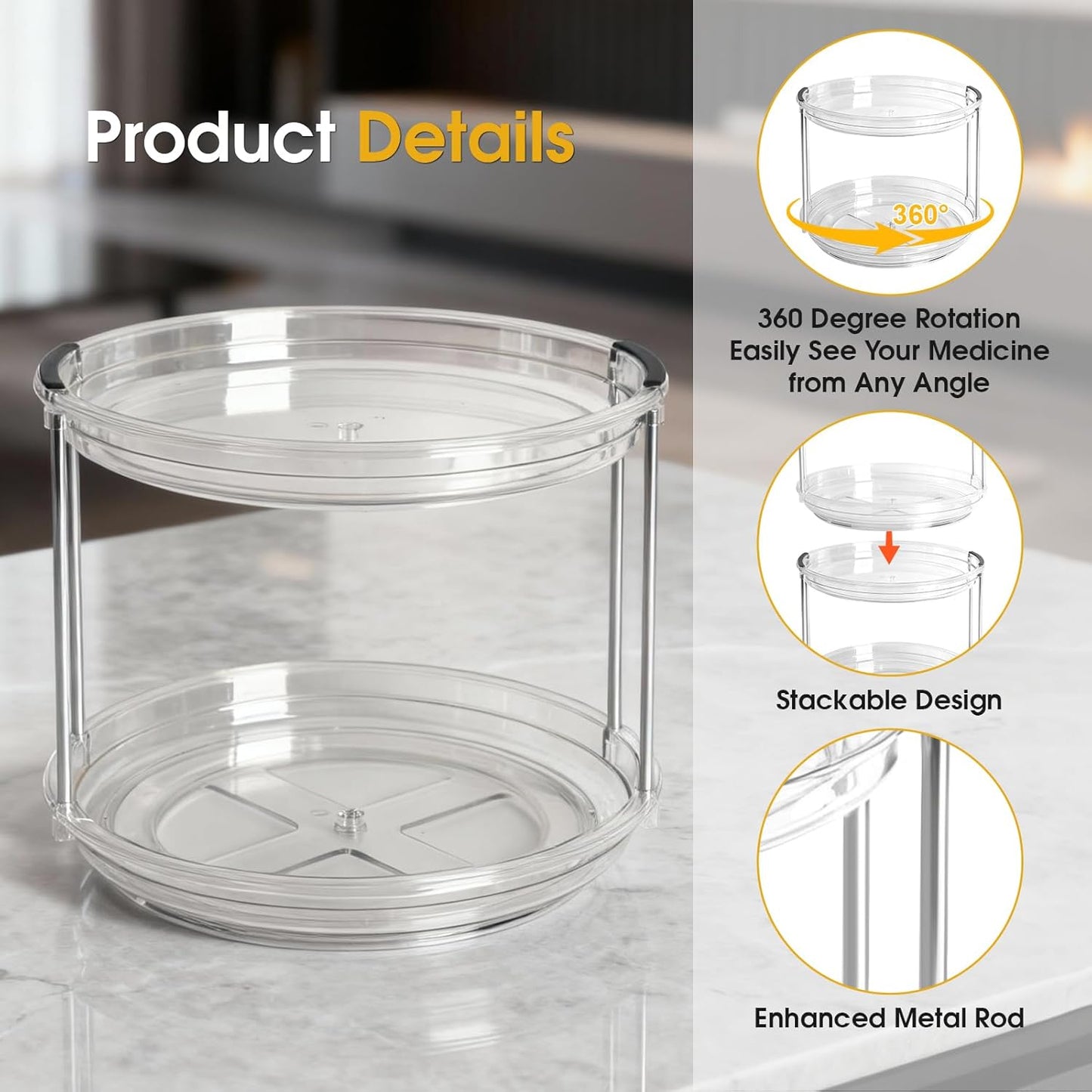 2 Tier Medicine Cabinet Organizer, Rotary Turntable Organizer for Medicine and Vitamin Bottles, Under Sink Organizer for Medicine, Bathroom Cabinet Storage, Easy Assembly, Transparent Clear