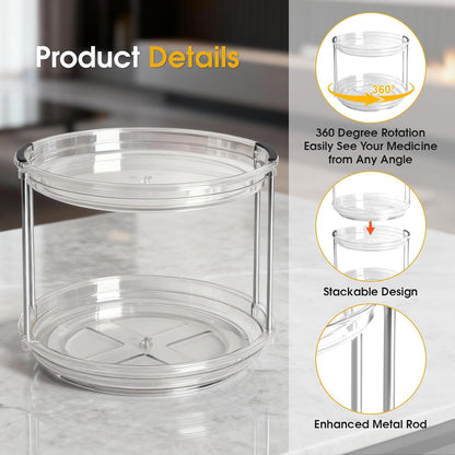 2 Tier Medicine Cabinet Organizer, Rotary Turntable Organizer for Medicine and Vitamin Bottles, Under Sink Organizer for Medicine, Bathroom Cabinet Storage, Easy Assembly, Transparent Clear