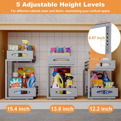 mixeshop Under Sink Organizer, 2 Tier Under Sink Organizers and Storage, Adjustable Height, Slide out Metal Cabinet Organizers, Pull out Cabinet Storage Drawer Shelf for Kitchen Bathroom (Black, 2)