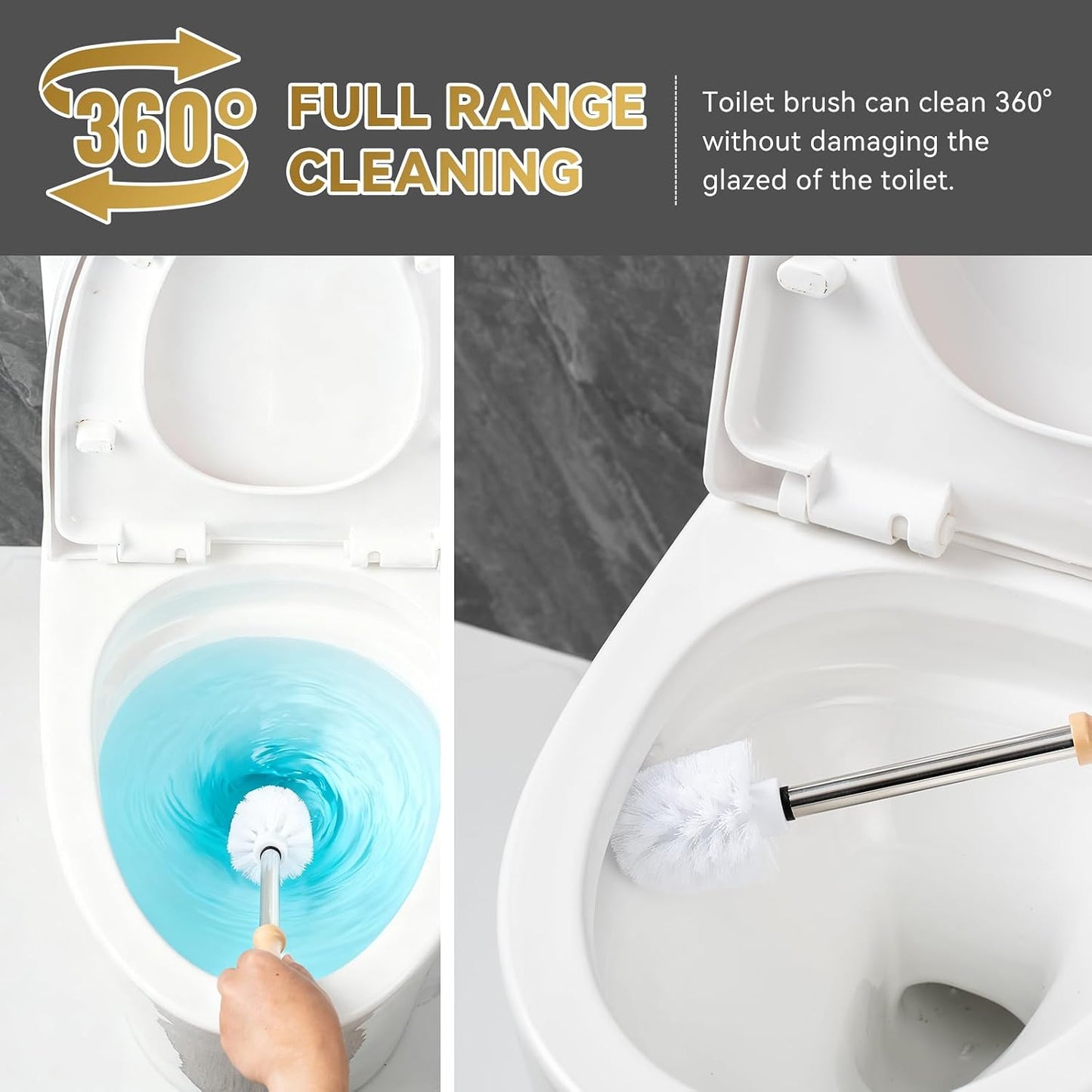 Toilet Brush and Holder Set, Ceramic Turtle Base Toilet Brush Set - 7.5” Bowl Cleaner, Toilet Scrubber Brush with Ergonomic Handle (Silver)