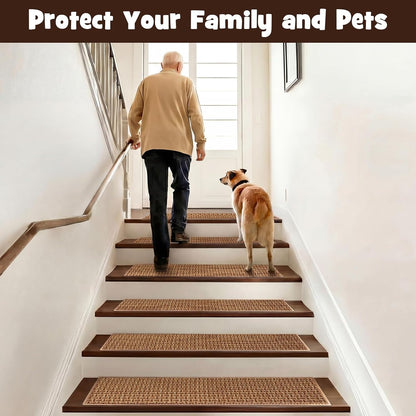 Dunzy 15 Pack Neutral Stair Treads for Wooden Step Self-adhesive Woven Stair Treads Indoor 8x30'' Non-slip Step Carpet Machine Washable Runner Safety Rug Mat for Carpet Elders Pets(Black Coffee Color)