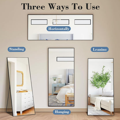 59"x16" Arched Full Length Mirror, Full Body Mirror with Leaning or Standing, Floor Standing Aluminum Frame for Bedroom, Livingroom, Cloakroom, Black