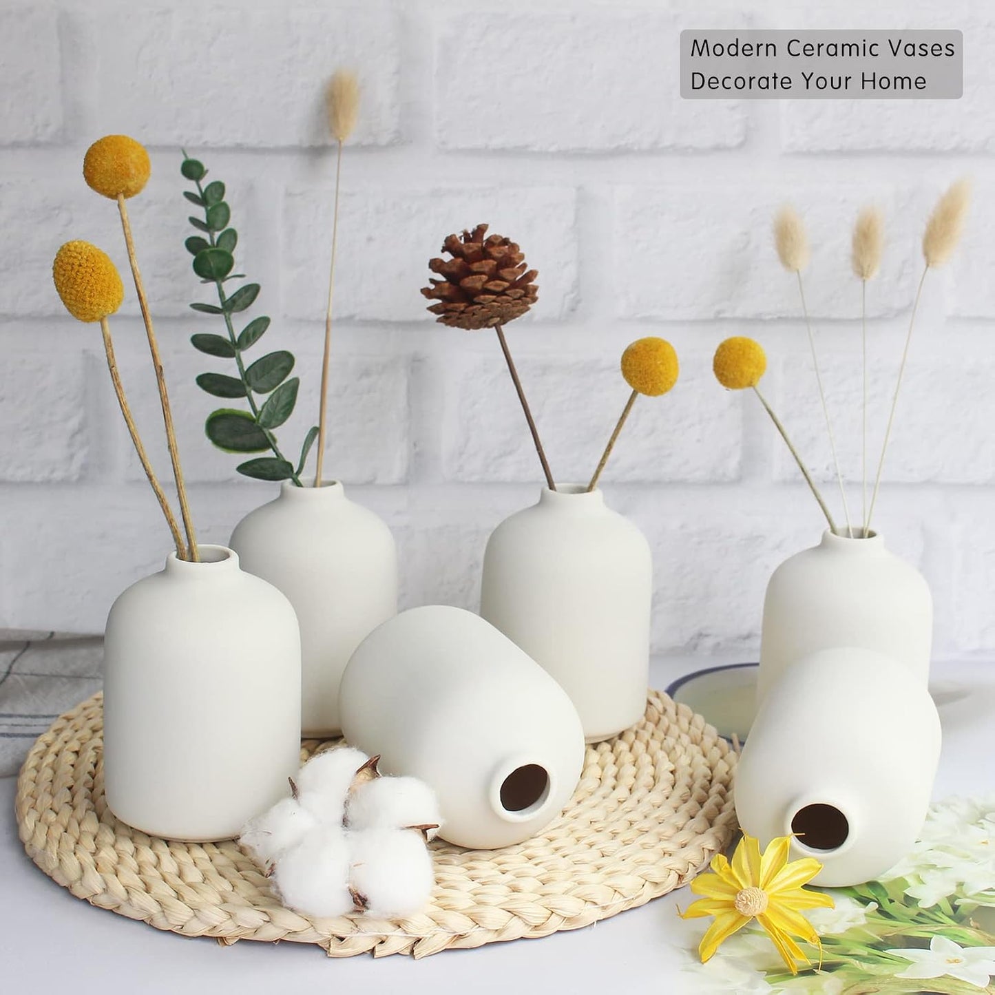 YANLING 6 Pack White Vase Small Ceramic Vases for Decor, Bud Vases | for Centerpieces White Vases for Flowers Boho Home Decor, Pampas Grass Dried Flowers Vases