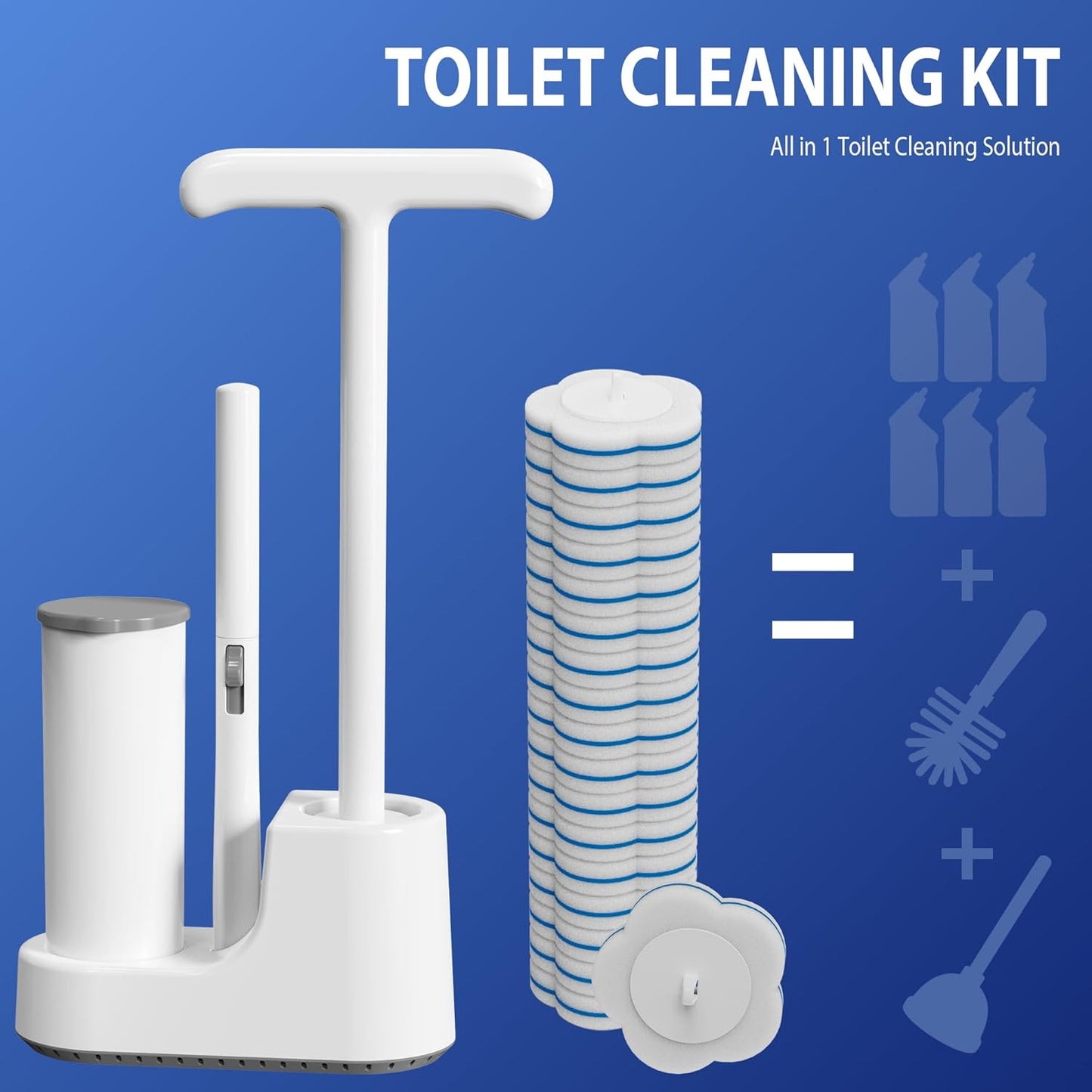 Disposable Toilet Brush and Plunger Set, Dual Handdle Toilet Plunger, All-in-1 Bathroom Cleaning Kit with 18PCS Refills, Toilet Cleaning Stick and Ventilated Holder (White)