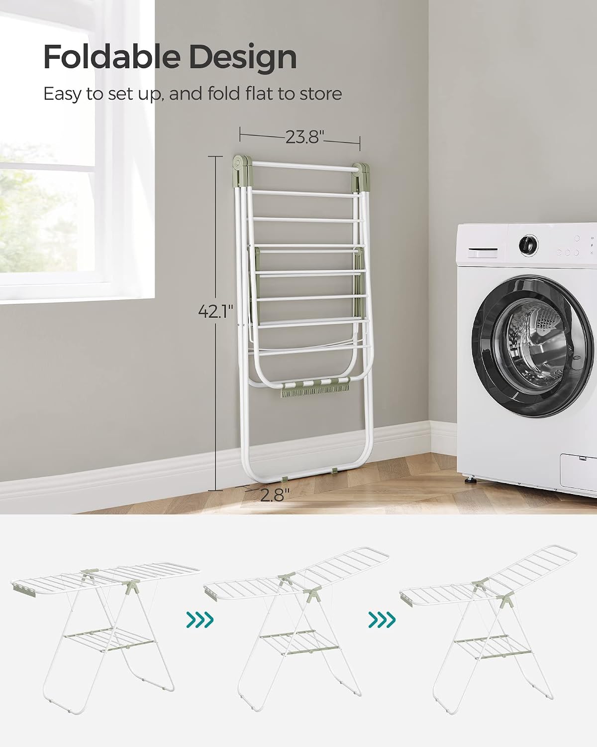 SONGMICS Clothes Drying Rack, with Sock Clips, Metal Laundry Rack, Foldable, Space-Saving, Free-Standing Airer, with 2 Height-Adjustable Gullwings, Indoor Outdoor Use, Gray ULLR052G01