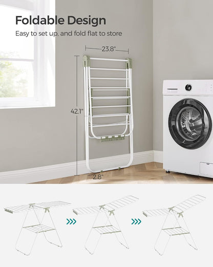 SONGMICS Clothes Drying Rack, with Sock Clips, Metal Laundry Rack, Foldable, Space-Saving, Free-Standing Airer, with 2 Height-Adjustable Gullwings, Indoor Outdoor Use, Gray ULLR052G01