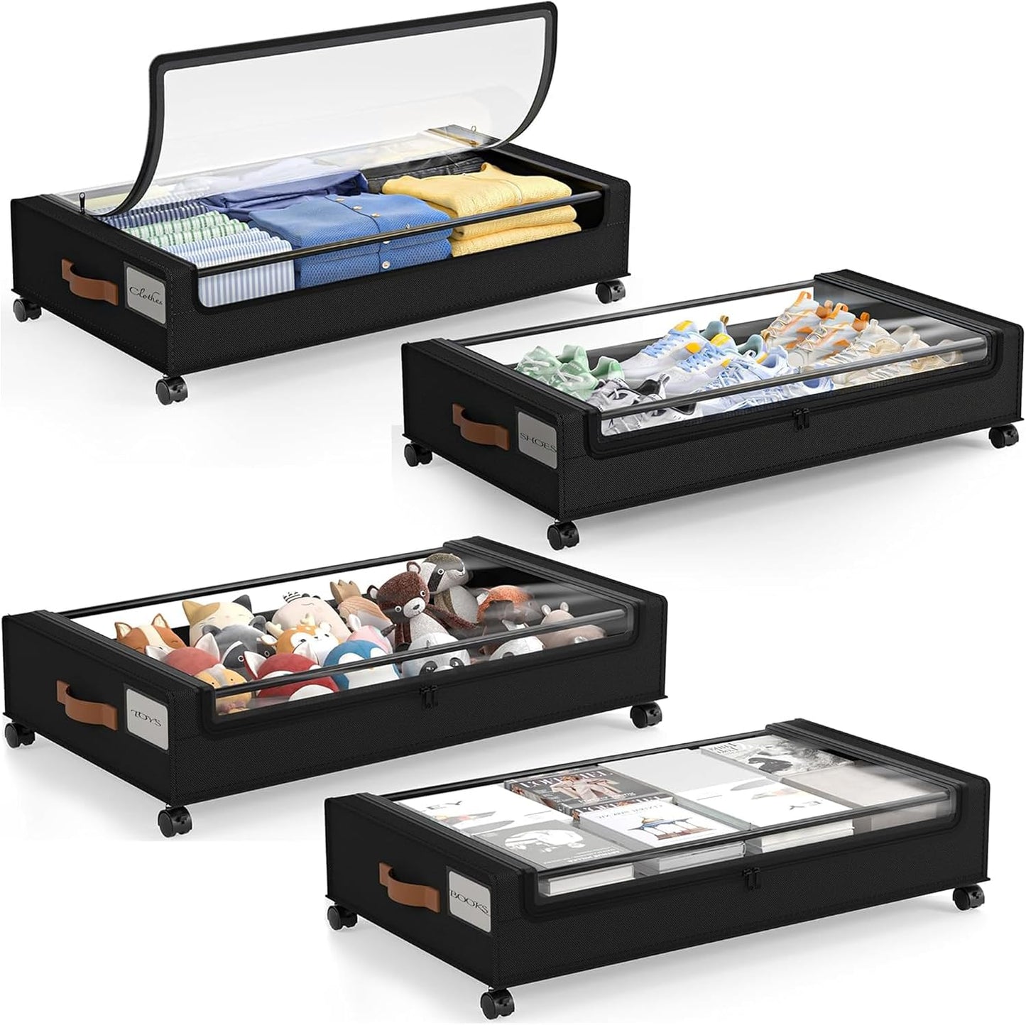 LAMU Under Bed Storage with Wheels, 2 Pack Under Bed Storage Containers with Clear Lid, XXL 60 L Underbed Storage Bins, Rolling Under Bed Metal Drawers for Clothes, Blankets, Shoes, Black