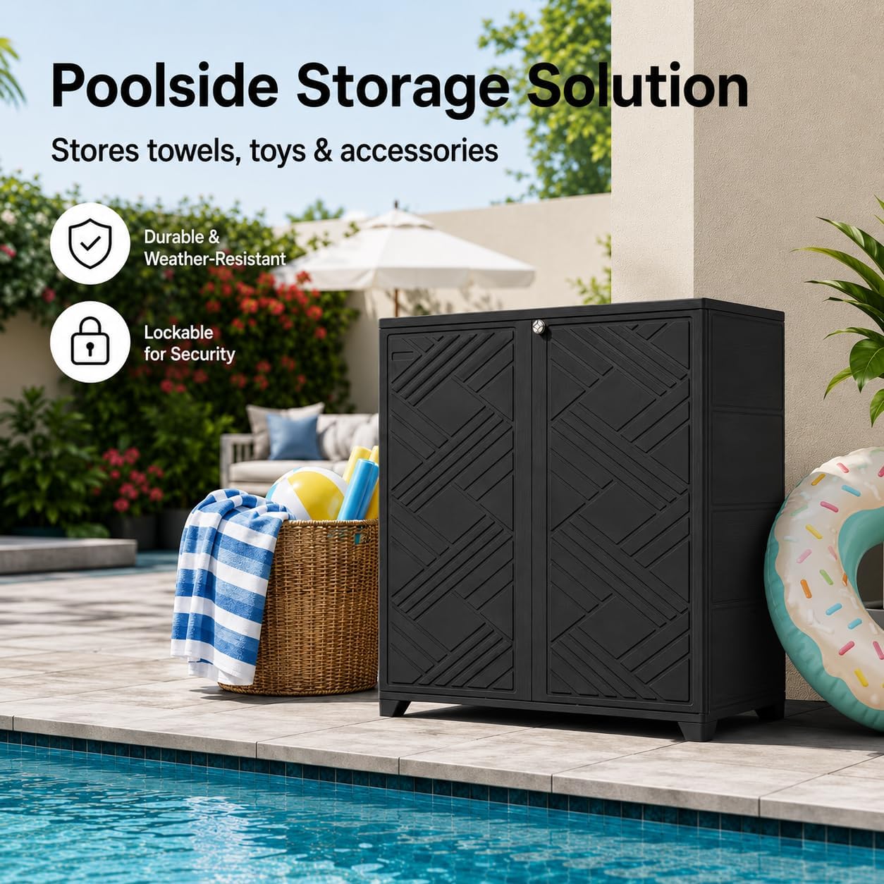ADDOK Outdoor Storage Cabinet,60 Gallon Waterproof Resin Patio Storage Cabinet with 1 Adjustable Metal Shelf, Upright Outdoor Cabinet for Garden Tools, Pool Supplies, Toys, Porch and Garage