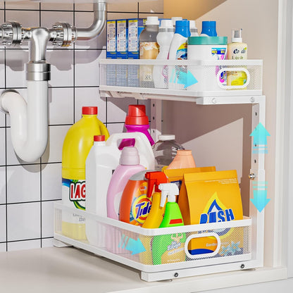 Under Sink Organizer 2 Pack, High Adjustable 2 Tier Under Sink Organizers and Storage, Slide out Metal Cabinet Organizers, Pull out Storage Drawer Shelf for Kitchen Bathroom Cabinet (Black-1pack)