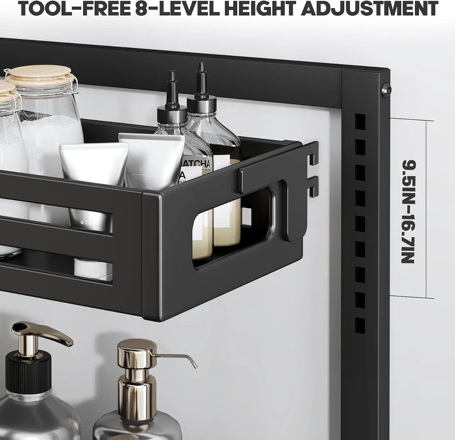 2 Pack Under Sink Organizer,Pull Out Cabinet Organizer with Smooth Cylindrical Rail,Metal Slide Out Drawer for Kitchen Bathroom Laundry Cabinet,8-Level Tool Free Height Adjustable-Black