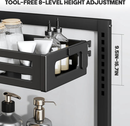 2 Pack Under Sink Organizer,Pull Out Cabinet Organizer with Smooth Cylindrical Rail,Metal Slide Out Drawer for Kitchen Bathroom Laundry Cabinet,8-Level Tool Free Height Adjustable-Black