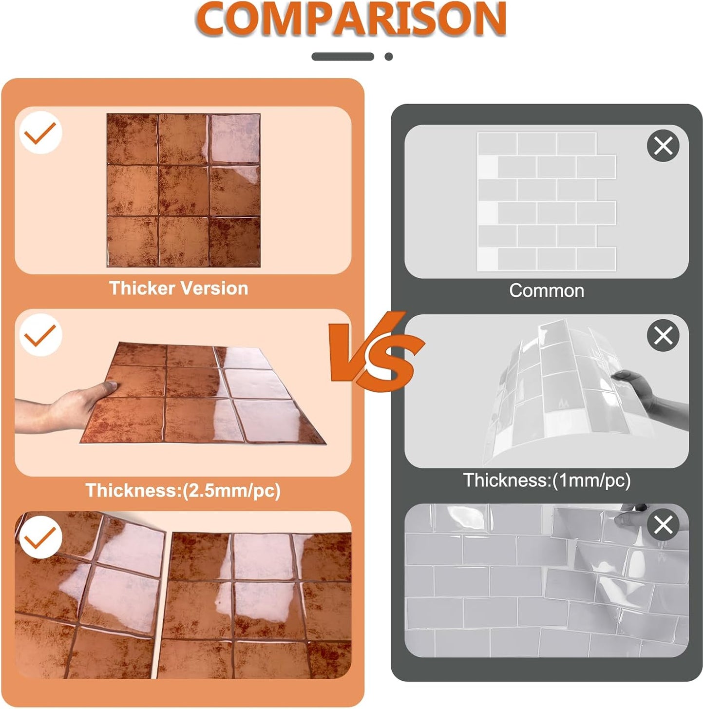 10 Sheet Thicker Peel and Stick Backsplash Tile, 12"x12" 3D Self Adhesive Square Mosaic Subway Checkered Vinyl Backsplash Stick on Wall Tiles for Bathroom, Kitchen, Living Room (10, Orange)