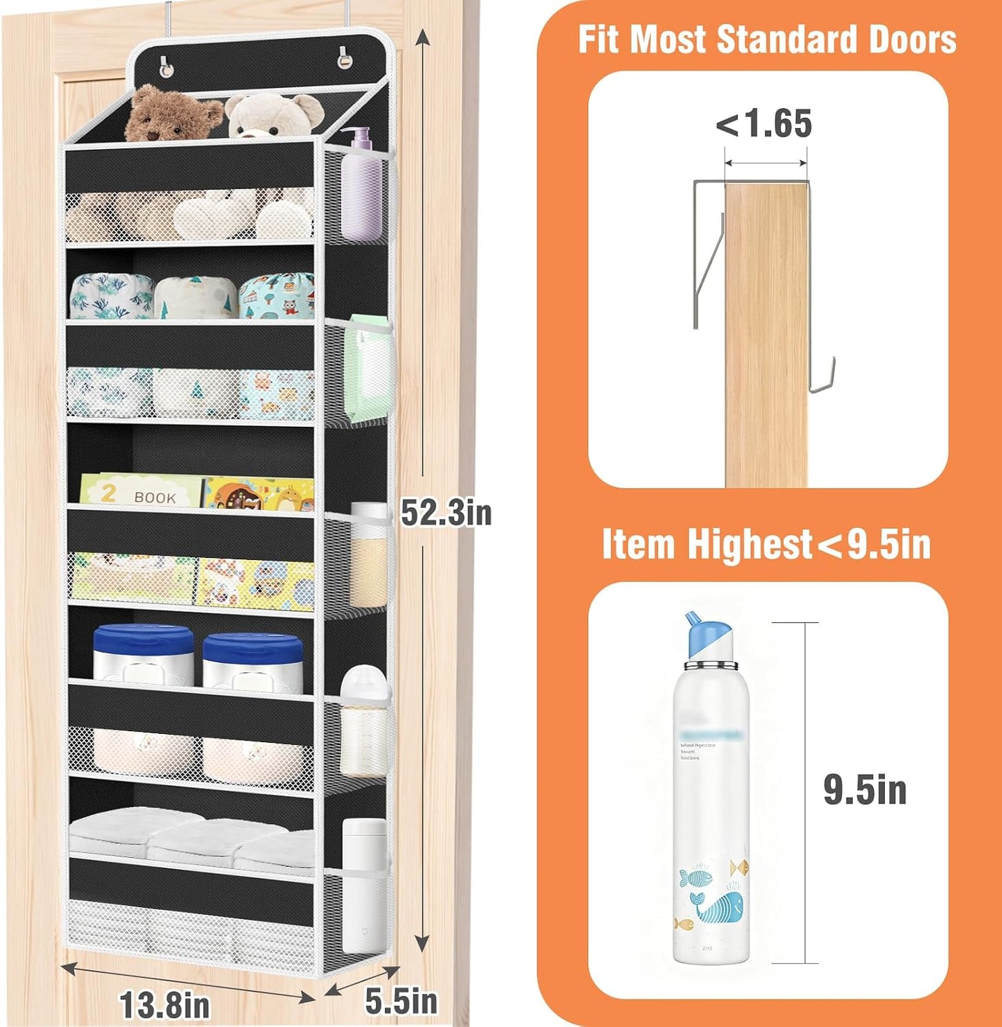 WISELIFE Over The Door Organizer Storage 4 Shelves Large Capacity Hanging Bedroom Storage Solution with 6 Side Pockets for Dorm Bathroom Pantry Nursery and Baby Essentials Holds up to 40 Lbs (Black)