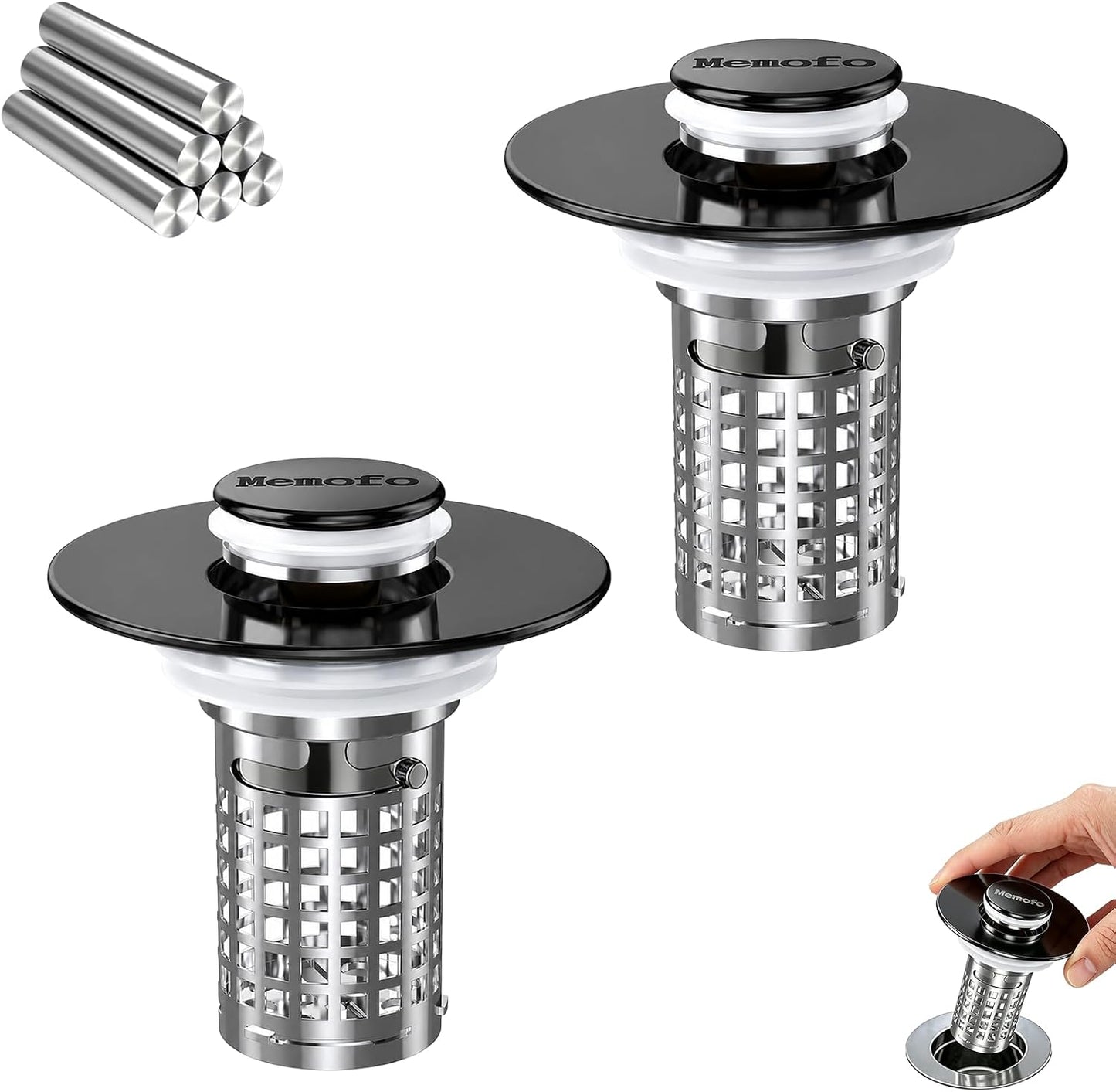 Bathroom Sink Drain Strainer(2PCS), Stainless Steel Pop-up Strainer Basket Hair Catcher with Removable Basket, Brass Bullet Core, Universal Fit 1.1-2.36 Inch