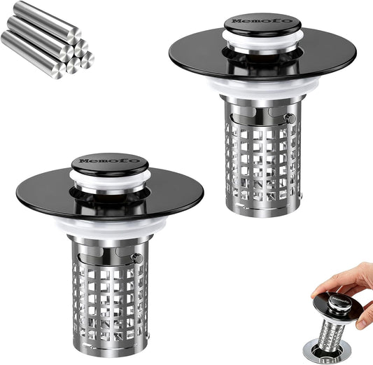 Bathroom Sink Drain Strainer(2PCS), Stainless Steel Pop-up Strainer Basket Hair Catcher with Removable Basket, Brass Bullet Core, Universal Fit 1.1-2.36 Inch