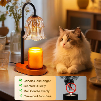 Candle Warmer Lamp Adjustable Timer - Electric Flower Glass Candles Warmers Adjustable Height Dimmable Vintage Base Modern Wax Candles Top Warmers for Small Jar Scented Wax Melts