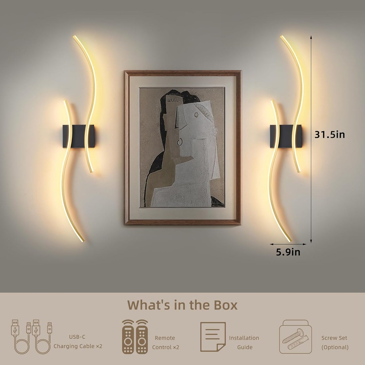 Battery Operated Wall Sconce Set of 2, Dimmable Modern LED Rechargeable Wall Light with Remote Control, Wall Decor for Living Room, Hallway, Quick Install, No Electrician Required