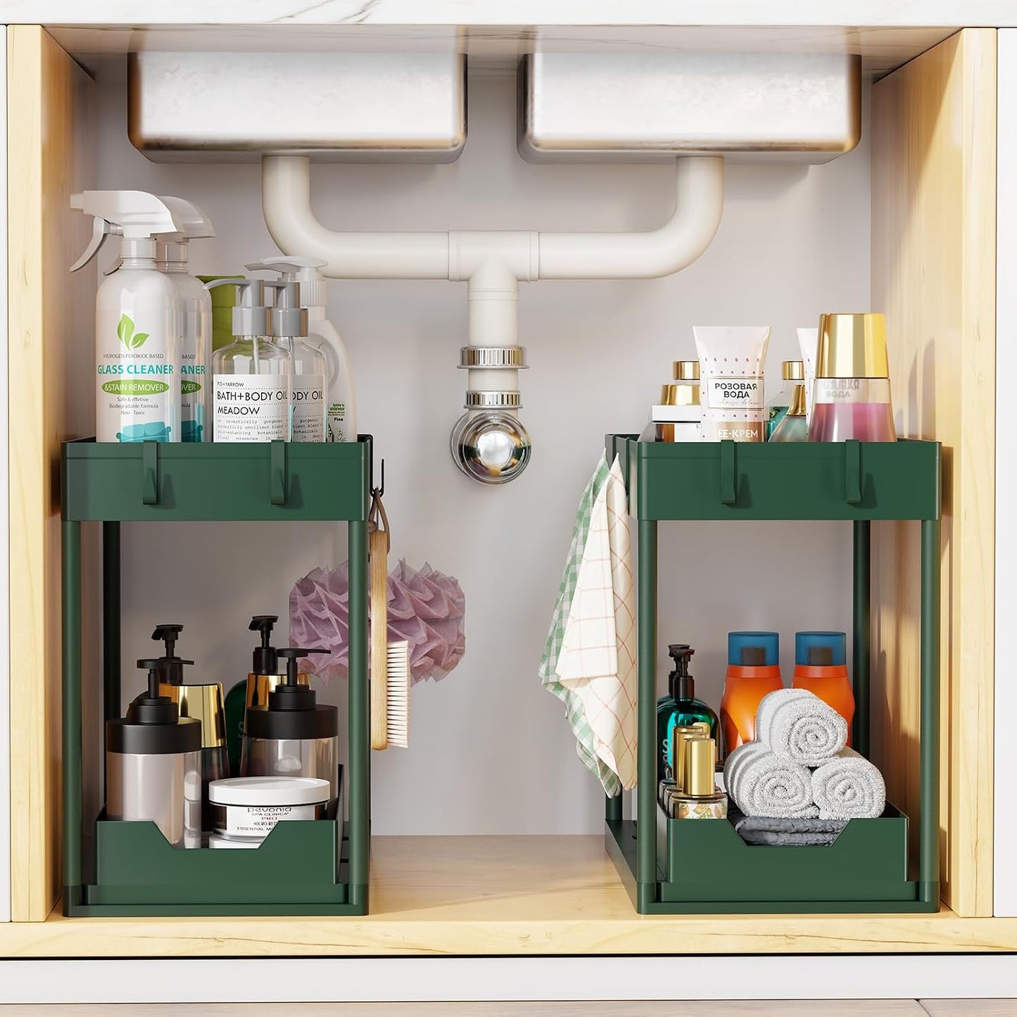 Simple Trending Under Sink Organizer 2 Pack, Sink Pull-Out Sliding Storage Cabinet, 2-Tier Under Shelf Organizer for Kitchen Bathroom, Black