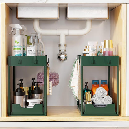 Simple Trending Under Sink Organizer 2 Pack, Sink Pull-Out Sliding Storage Cabinet, 2-Tier Under Shelf Organizer for Kitchen Bathroom, Black