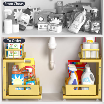 Saydear L-Shaped Under Sink Organizer, 2-Tier Pull-out Cabinet Rack 1-Pack | Black Height-Adjustable Metal Rack, Sliding Grid Drawers with Safety Stopper, Holds 100 Lbs, Ideal Kitchen Cabinet Storage