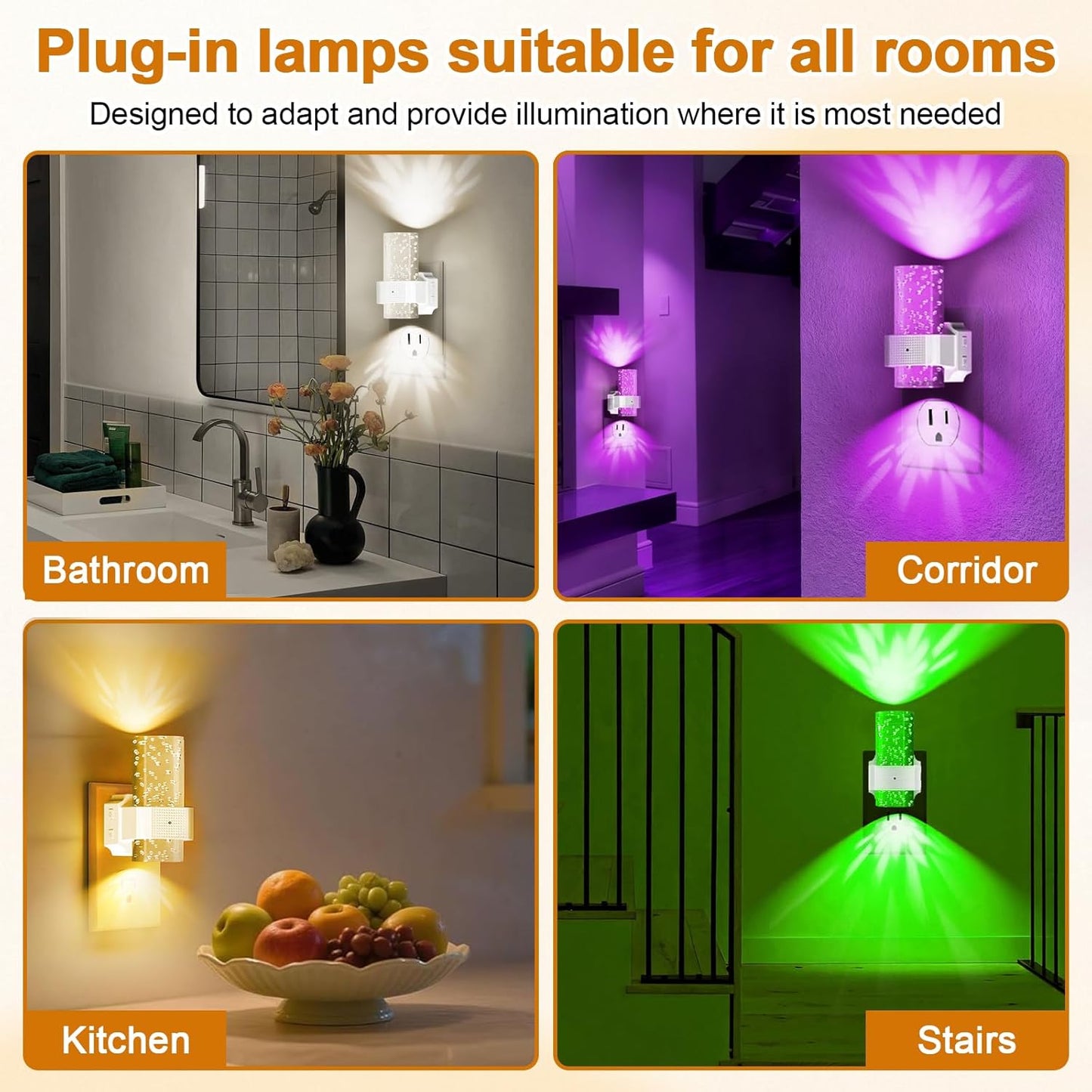 Night Lights Plug into Wall, 2 Pack Acrylic Stair Light, 7 Colors Dimmable Nightlight with 0-100 LM Adjustable Brightness, 3000K Plug in Wall Lamp with Dusk to Dawn Sensor, for Bedroom, Hallway