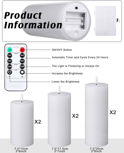 VIHOSE 9 Pack White Flameless Candles Set with Remote and Timer Flickering Flameless Battery Candles Flat Top LED Pillar for Wedding Outdoor Home Festival Decoration(D 3'' H 4'' 5'' 6'')