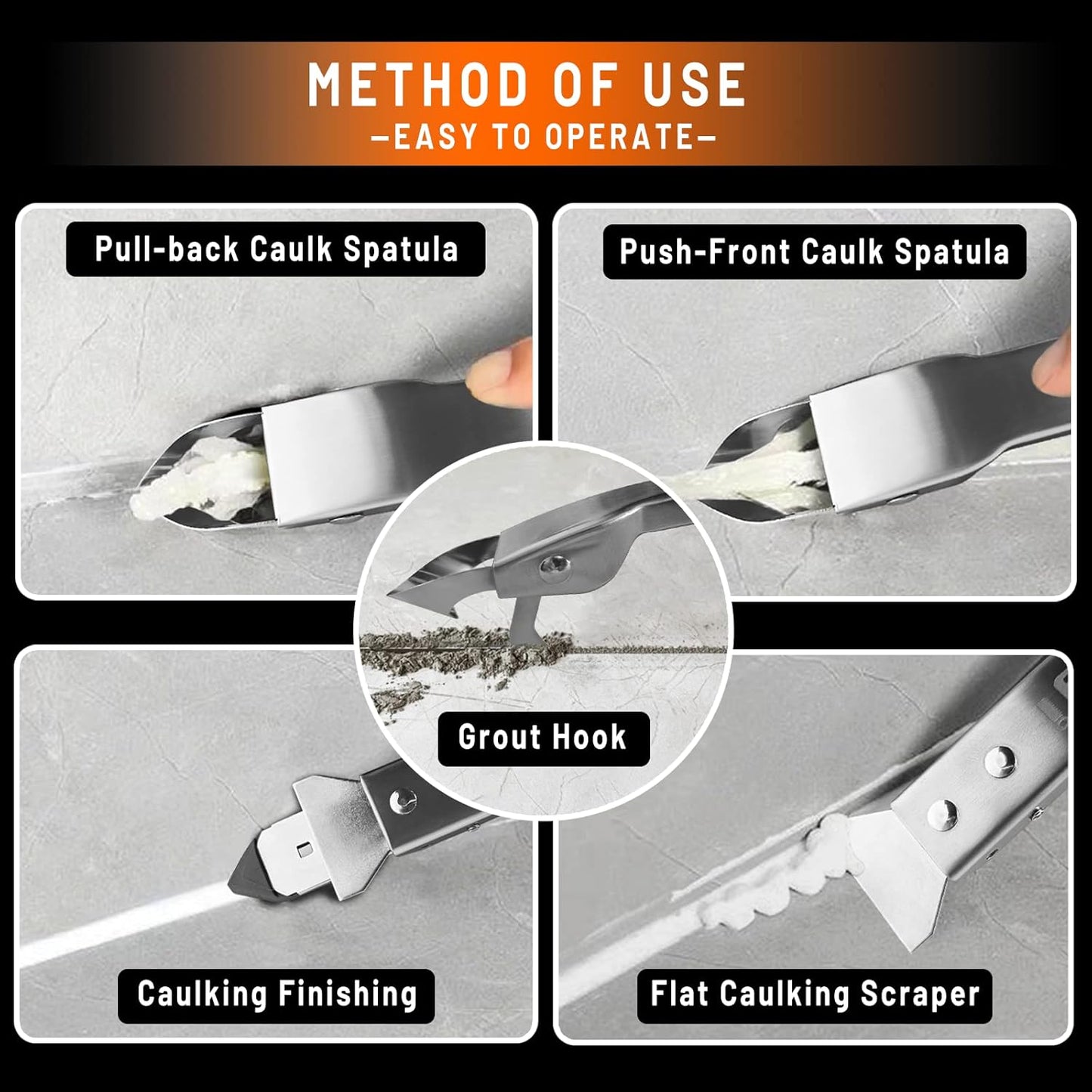 Caulking Tool Kit Stainless Steel Grout Removal Tool,4 in 1 Tile Caulk Remover Tool,Silicone Scraper Caulk Finishing Tools for Kitchen Bathroom Floor Sealant Caulking Window Sink Joint
