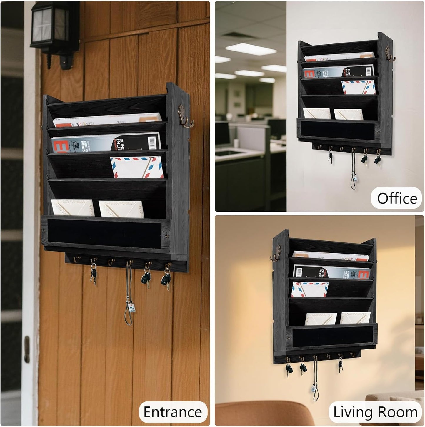 Rustic wall mail organizer,Key and Mail File Holder for Wall Mount，with 6 Key Hooks 2 Double Key Hooks A blackboard,for Home,Office, Classroom,Entryway Decor (brown)
