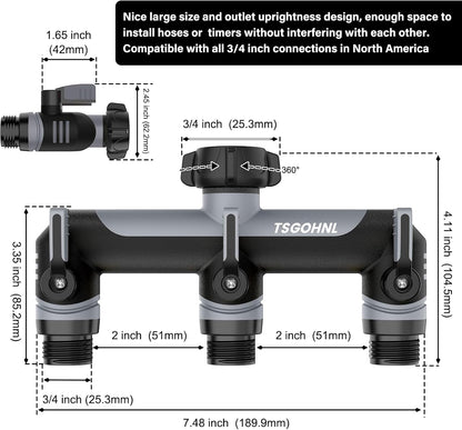 3 Way Garden Hose Splitter, High Flow Outdoor Faucet Splitter with 3 Independent Shut Off Valves, Wide Spacing for Timers, Standard 3/4" GHT for Lawn Yard Garden Watering
