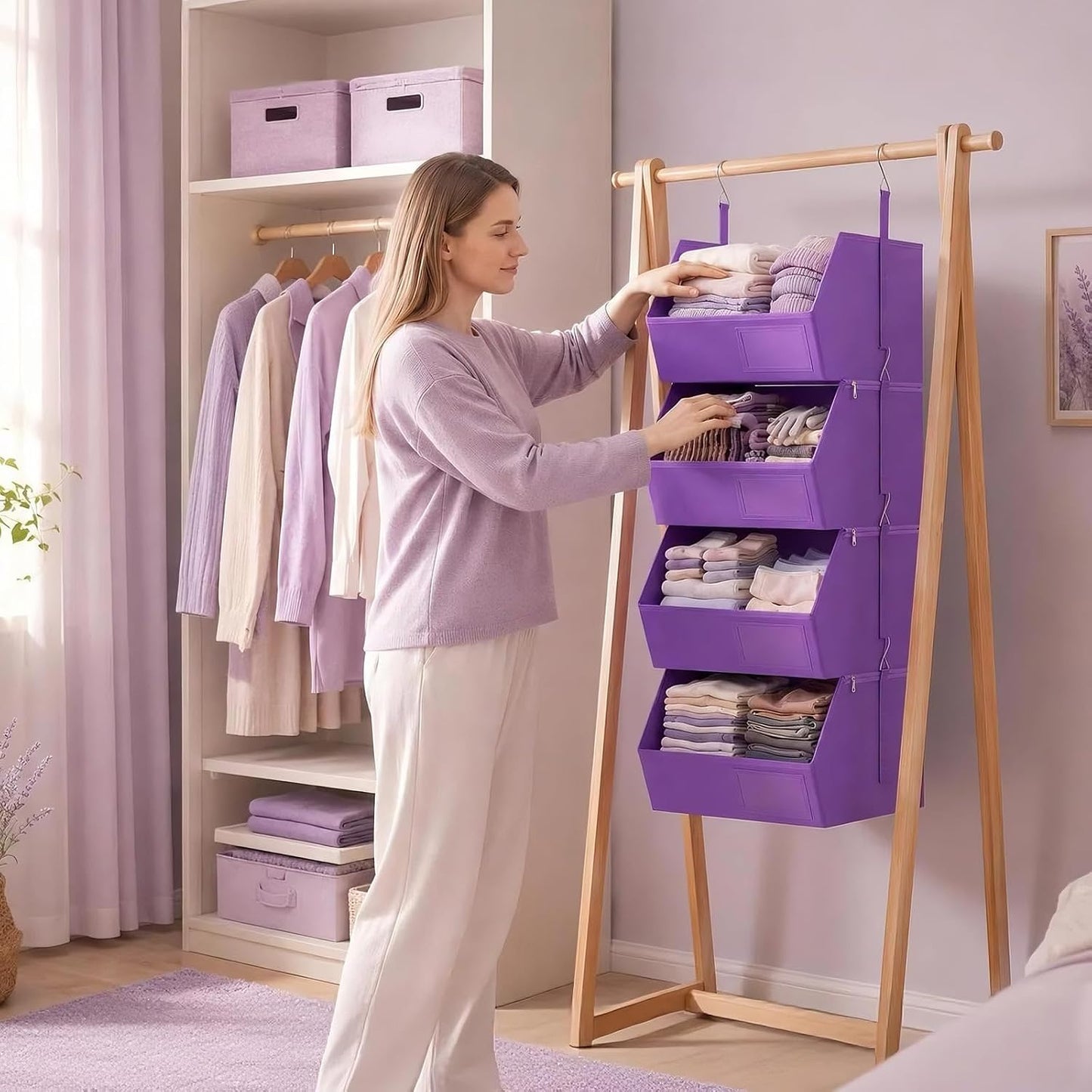 2 Pack 4-Tier Hanging Closet Organizer, Detachable Hanging Storage Shelves with Reinforced Side Panels, Hanging Closet Organizer for Clothes, Sweaters, Towels, Socks & Accessories, Purple