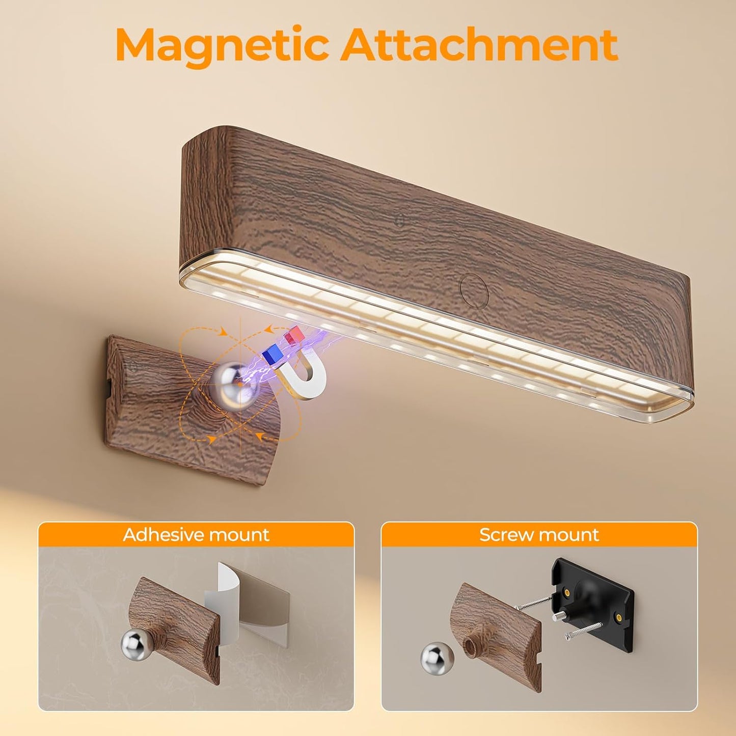 MOITA Magnetic Wireless Battery Operated Wall Sconce, Rechargeable Remote Control & Touch Control Wall Sconces Set of Two, 3-Color Temperatures LED Wall Lights, 360° Rotatable (Walnut, 2-Pack)