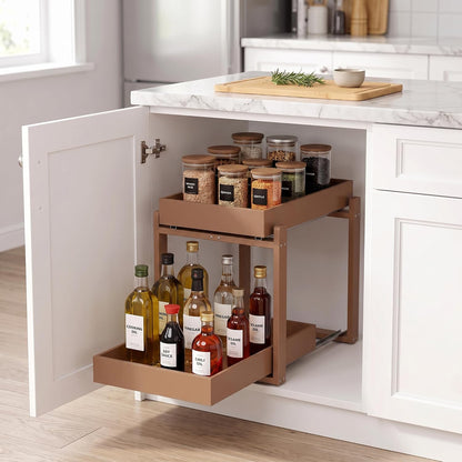 Bamboo Under Sink Organizer and Storage, 2 Pack Pull Out Cabinet Organization, 2 Tier Vertical Slide Out Undersink Storage Shelf, Multi-Purpose Organizer Shelves for Kitchen Bathroom Medicine