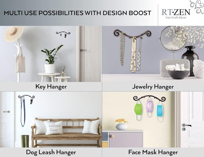 RTZEN Farmhouse Small Key Holder for Wall - Handcrafted Swirl Decorative 5 Key Hooks for Home Entryway - Wrought Iron Wall Mount Rack Purse Coat and Leash Holder or Organizer (Classic Black)