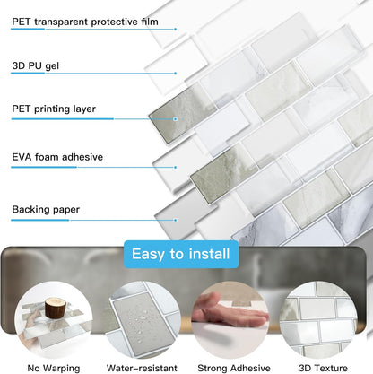 Art3d Peel and Stick Backsplash for Kitchen White Subway (10 Tiles, Thicker Design)