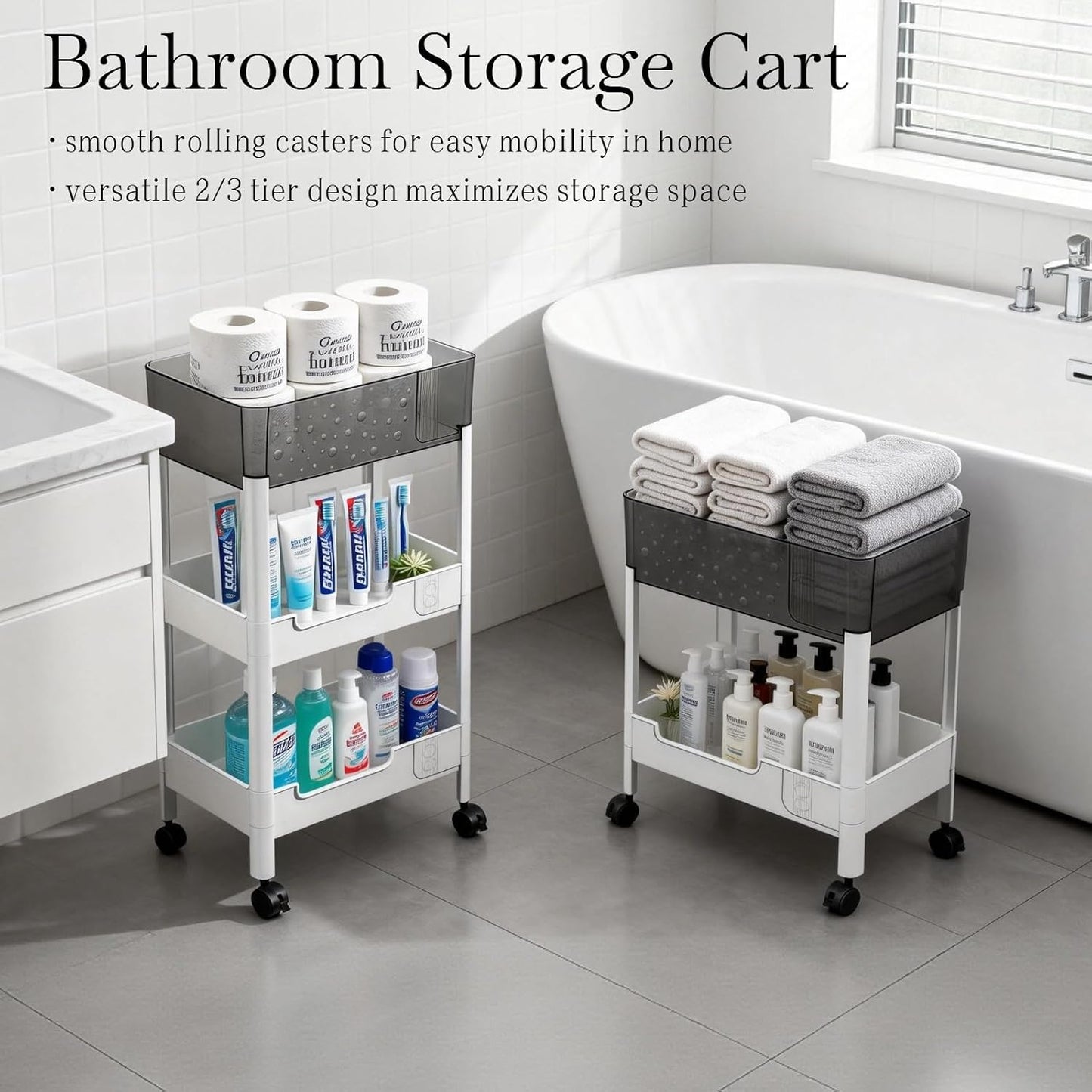 2 Tier Rolling Cart with Wheels for Under Desk Storage, Heavy Duty Plastic Short Small Utility Cart for Small Space Bathroom Vanity Makeup Organizer Pantry, 4.7'' Deep Baskets for Tall Bottles
