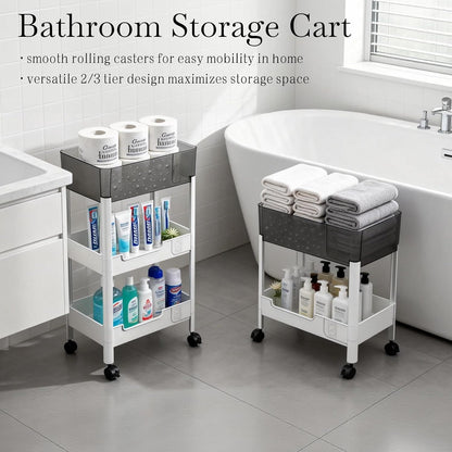 2 Tier Rolling Cart with Wheels for Under Desk Storage, Heavy Duty Plastic Short Small Utility Cart for Small Space Bathroom Vanity Makeup Organizer Pantry, 4.7'' Deep Baskets for Tall Bottles
