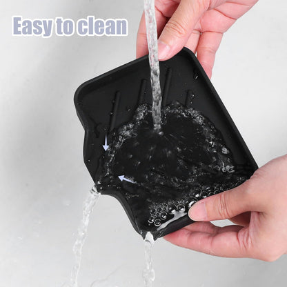 Silicone Bathroom Soap Dishes with Drain Spout Soap Dispenser Tray Sponge Holder Self Draining Kitchen Sink Counter Organizer Caddy for Dispenser Scrubber Bottle Cup(Black)