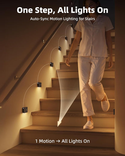 EZVALO 6 Pack Motion Sensor Night Lights, Sync LED Stair Lights Indoor, 1500mAh Rechargeable, Magnetic & Dimmable, 3000K Soft White, Portable Nightlight for Hallway, Stairs, Bathroom, Bedroom