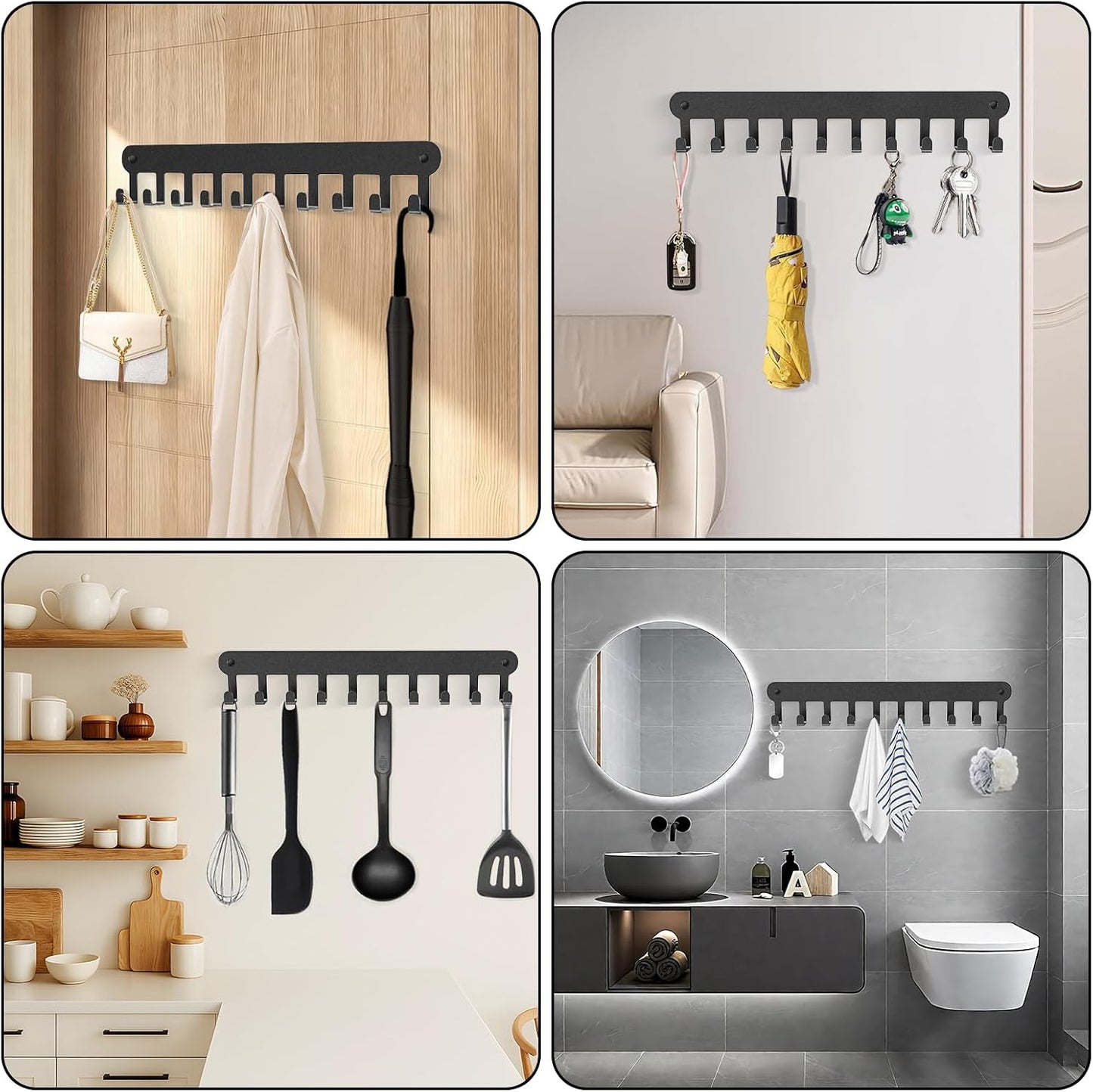2 Pack Key Holder Wall Mount, Wall Mount Key Holder, Key Hooks Hanging Keys, Key Hanger with 8 Hooks, No-Drill Decorative White Key Rack for Living Room, Kitchen, or Bathroom
