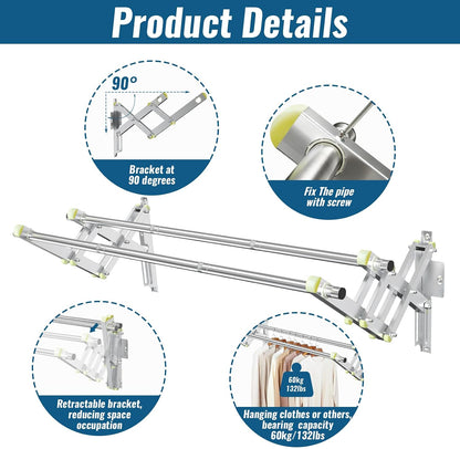 Foldable Wall Mounted Clothes Rack-30'' Long Rod&2 Thick Bases,Stainless Steel,Multi-Purpose for Space-Saving Garment Rack/Clothes Drying Rack/Clothes Hanger,Detachable and Top Shelf Room Reserved