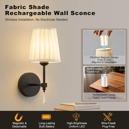 Battery Operated Wall Sconce Set of 2, 10000 Mah Rechargeable Wall Sconces Dimmable 12 RGBS,Remote Wireless Sconces,Gold Sconces Wall Decor Set of 2 Fabric,Cordless Wall Lamp for Bedroom,Living Room