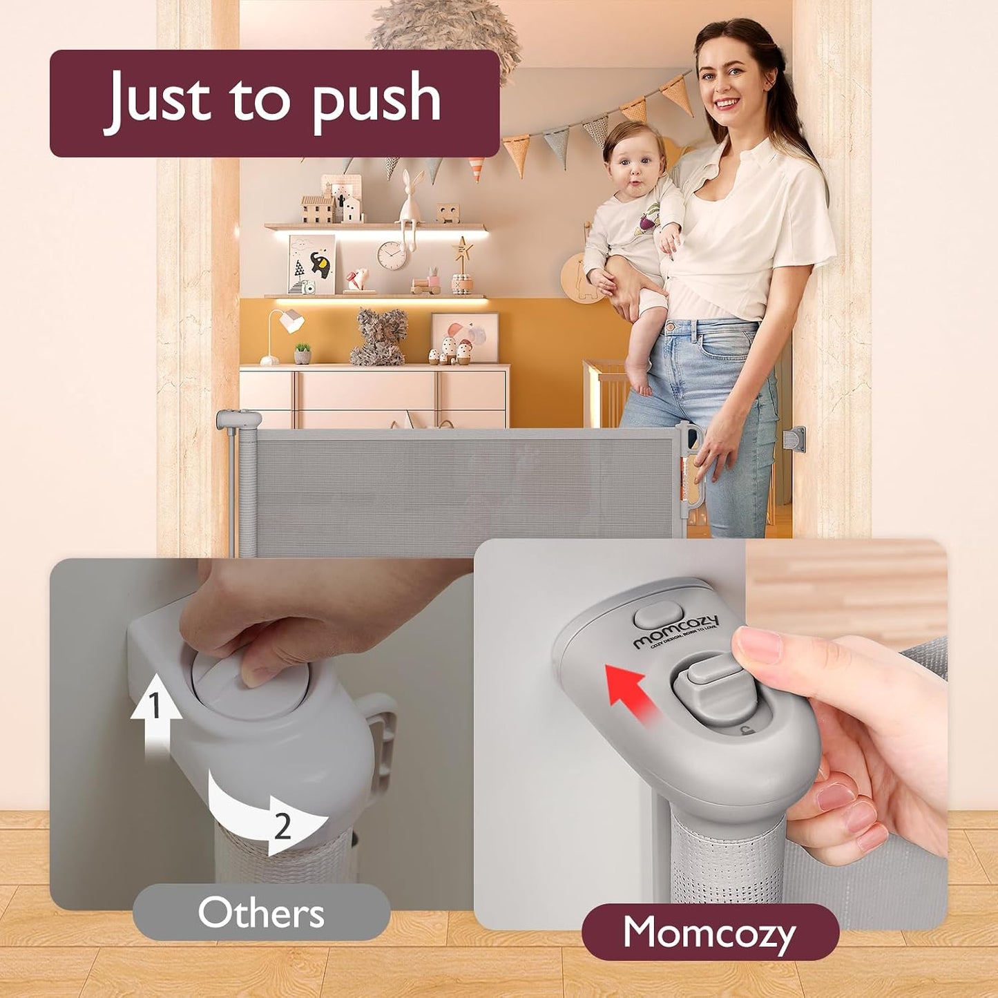 Momcozy Retractable Baby Gate, 33" Tall, Extends up to 55" Wide, Child Safety Baby Gates for Stairs, Doorways, Hallways, Indoor, Outdoor