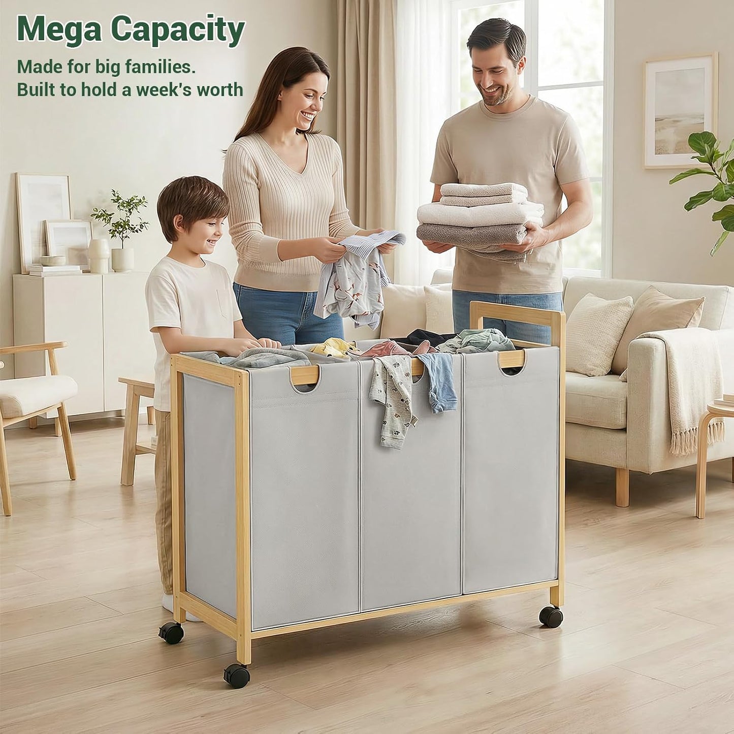 Homykic 250L Laundry Sorter Cart with Wheels, 3-Section Rolling Laundry Basket with Removable Bags, 66 Gal Large Laundry Hamper Organizer, Heavy Duty Bamboo Frame, Water-Resistant, Black